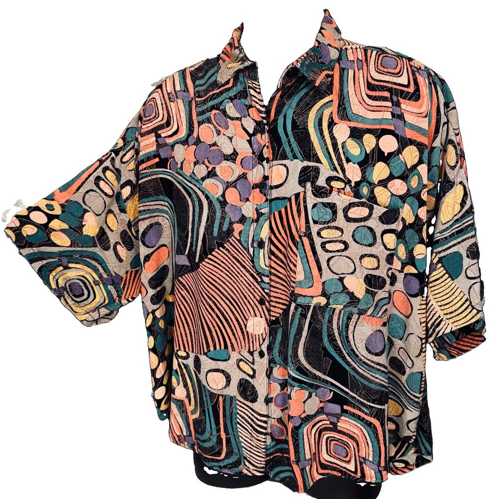 Vtg 90s 100% Silk Carlos Santana Abstract Geometric Boxy Button Shirt 2XL XXL